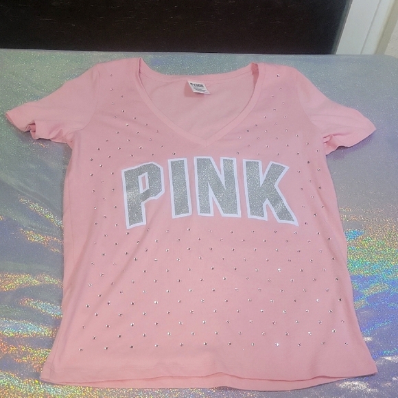 PINK Victoria's Secret Tops - Y2K Vintage VS Pink Rhinestone Bling V-neck T-shirt Sz:S